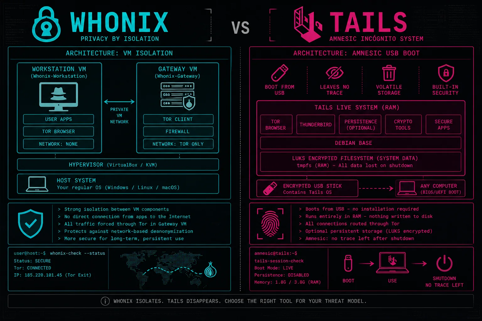 Whonix Tails OS comparison anonymity tools 2026